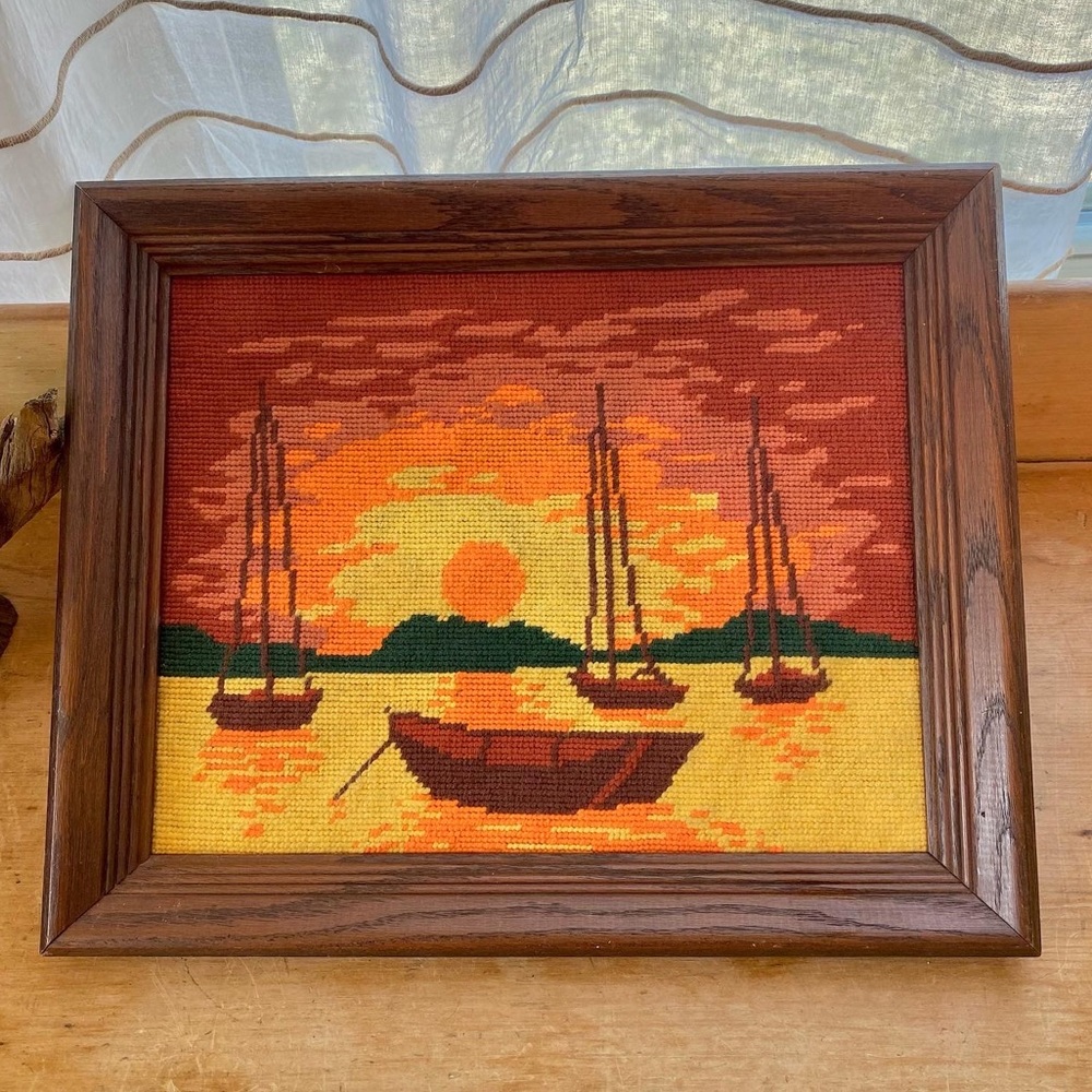 Awesome Vintage Colorful Coastal Sunset & Boat Framed Needlepoint Art